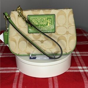 Coach Poppy Green and Signature Tan Wristlet NWT